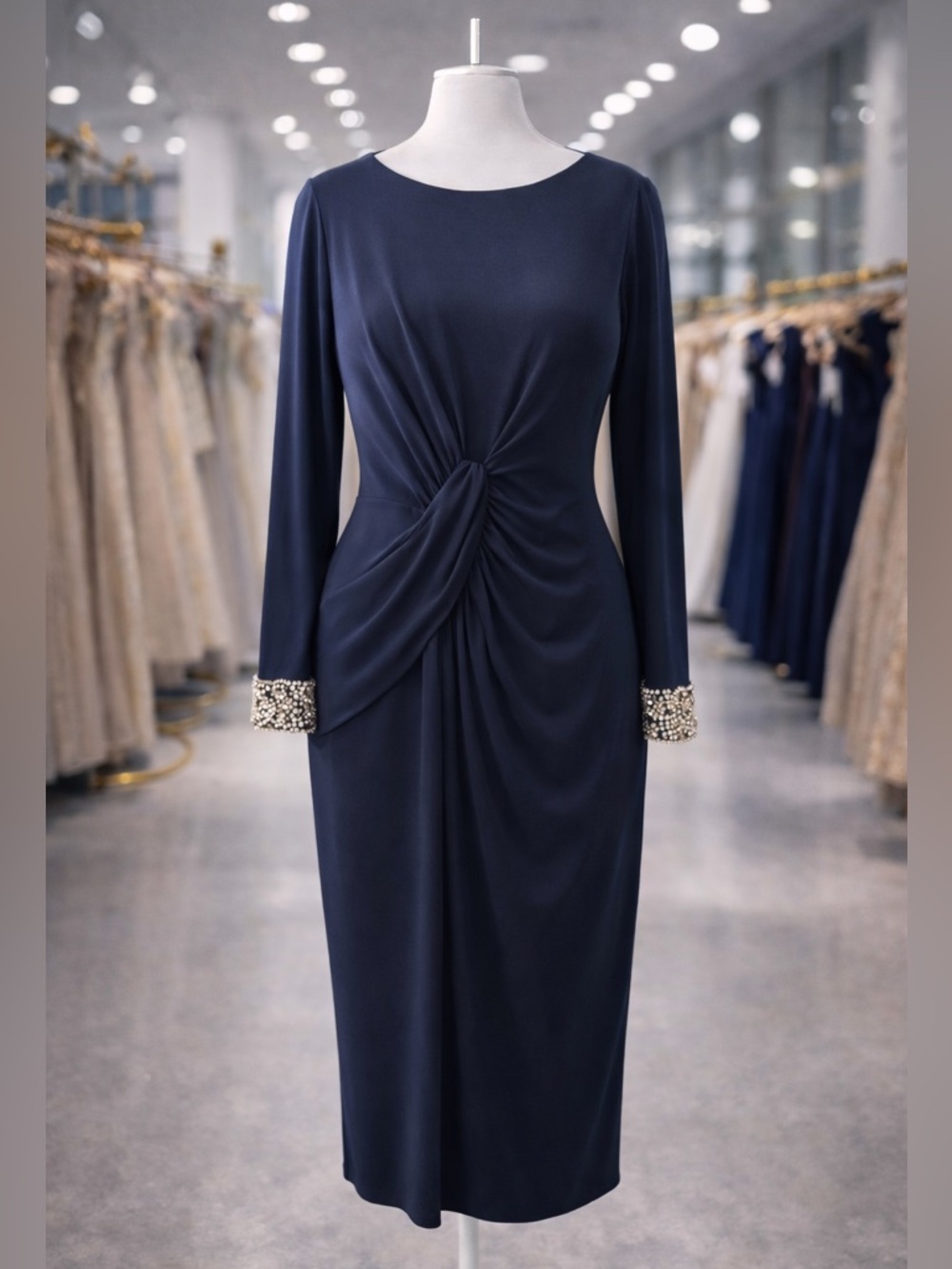 Vince Camuto Navy Draped Dress 14W | Rhinestone Cuffs | Elegant Evening